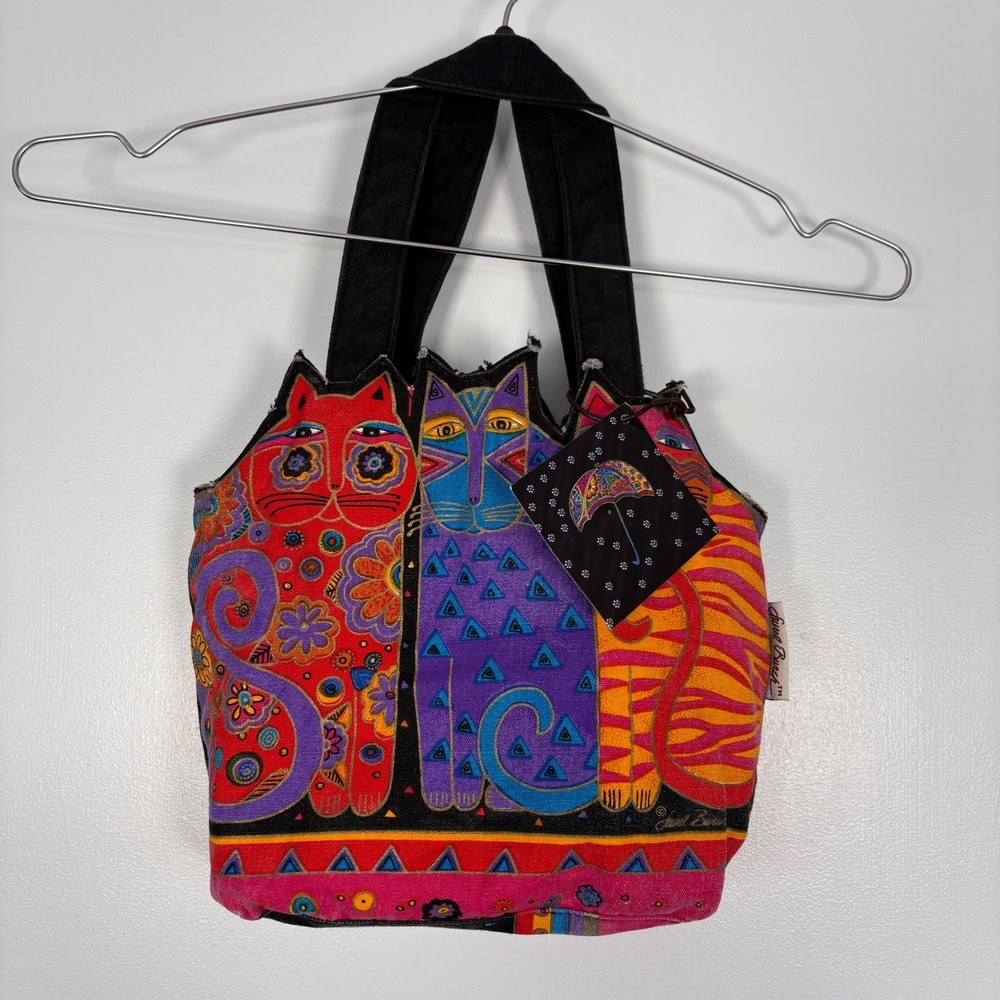 NWT Laurel Burch Women Tote Bag Small‎ Multi-Color Cat Canvas Art Handbag Cotton
